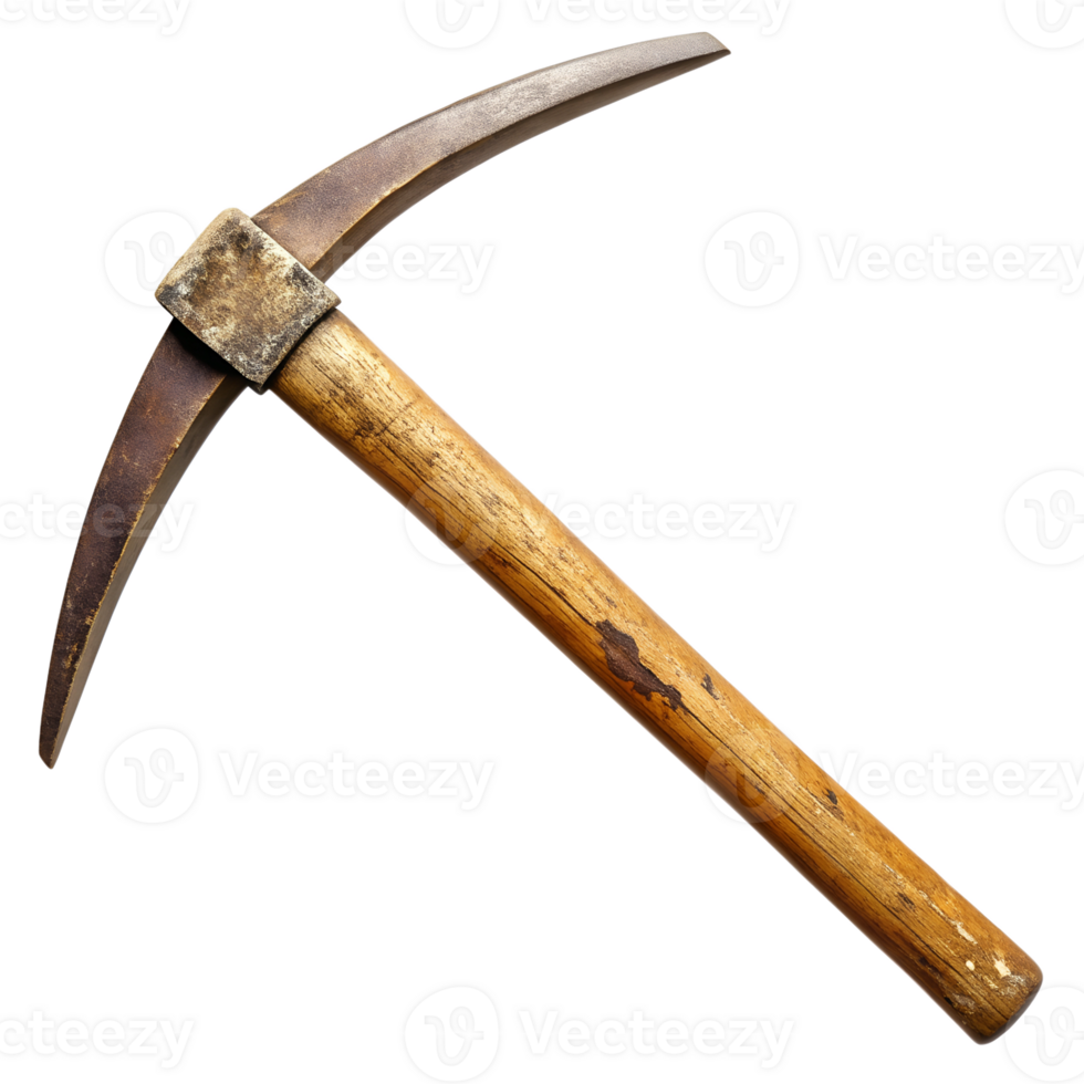 Traditional pickaxe resting on a wooden surface transparent png