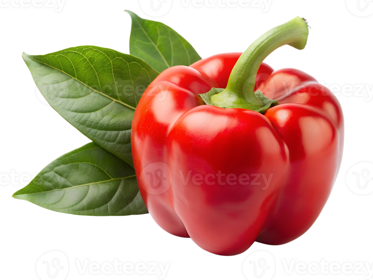 Fresh red bell pepper with green leaves nearby transparent png