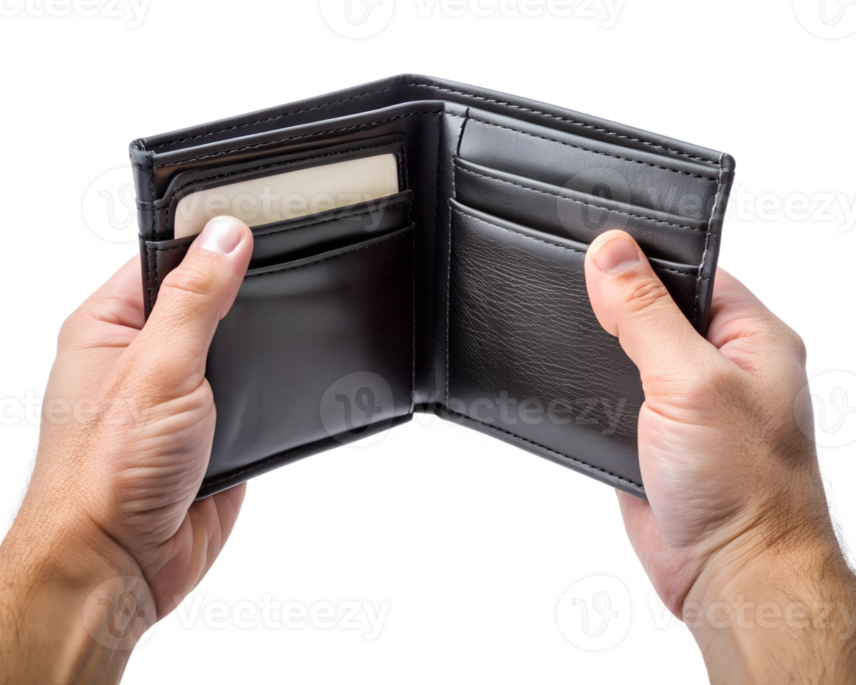 A person holding an open black wallet with cards transparent png