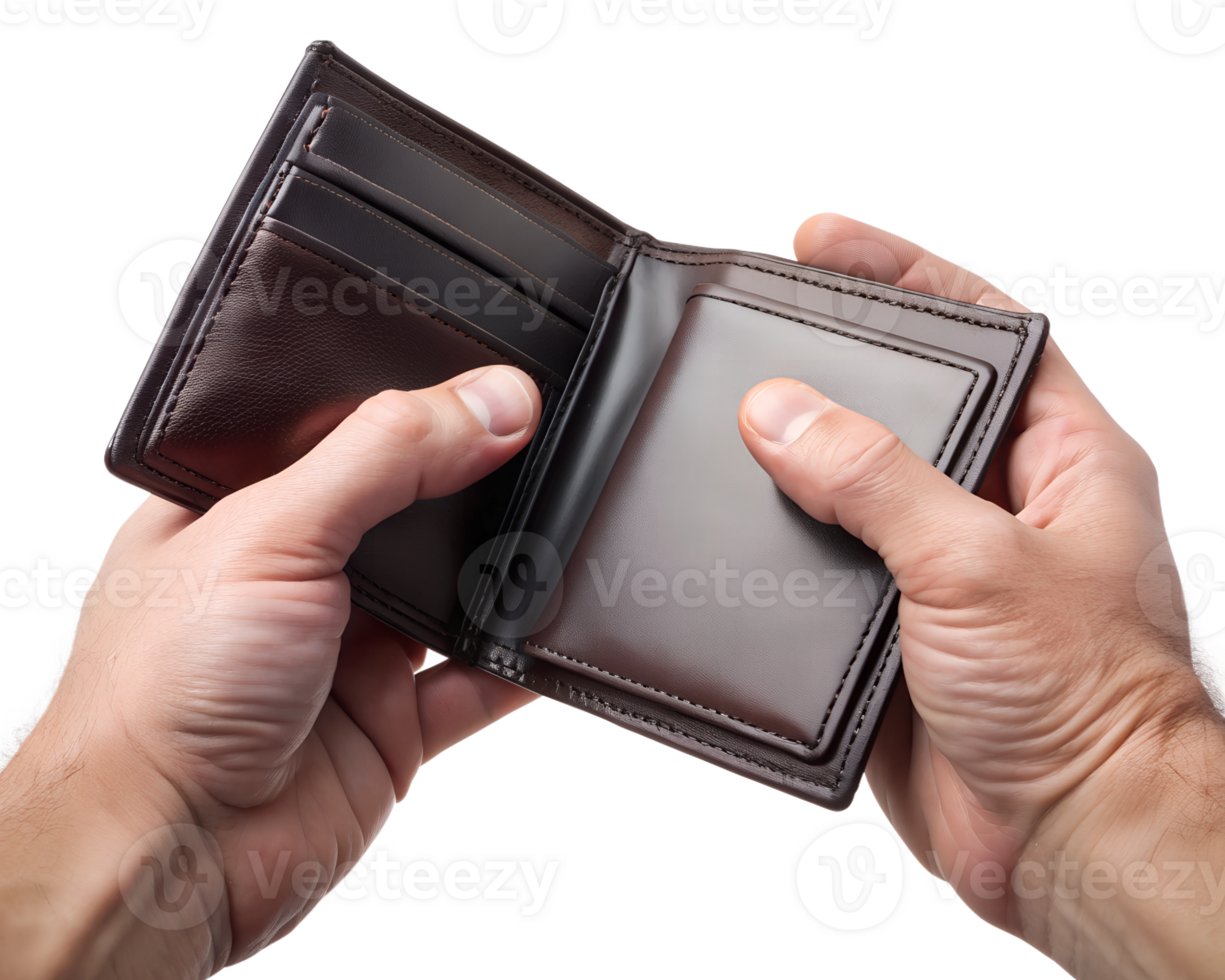 Man holding an empty brown leather wallet indoors transparent png