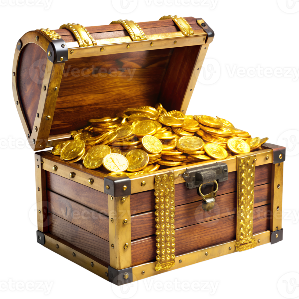 Treasure chest filled with gold coins on display transparent png