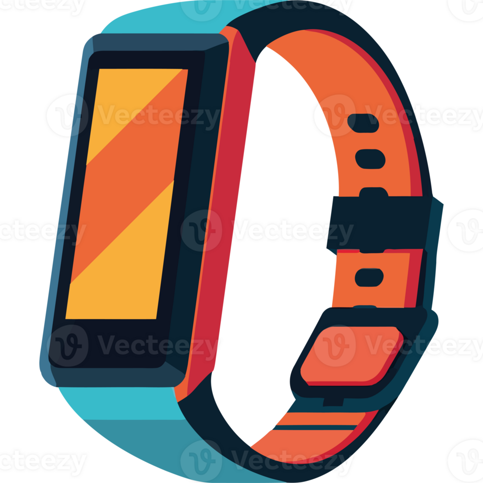 An orange and blue smart watch with a black band png