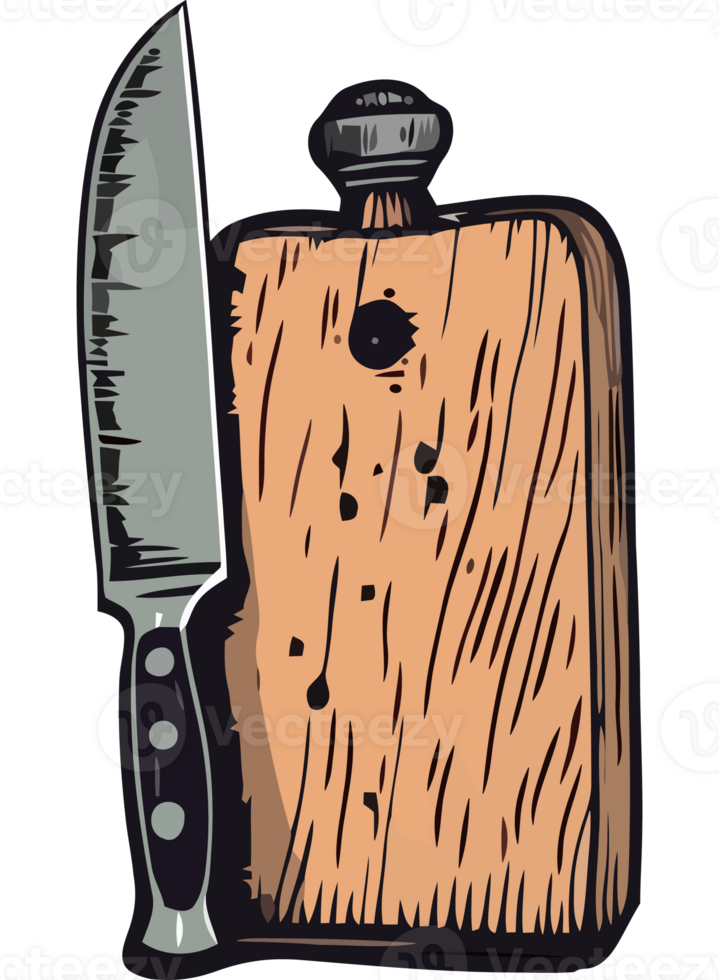 A knife and a wooden cutting board on a black background png