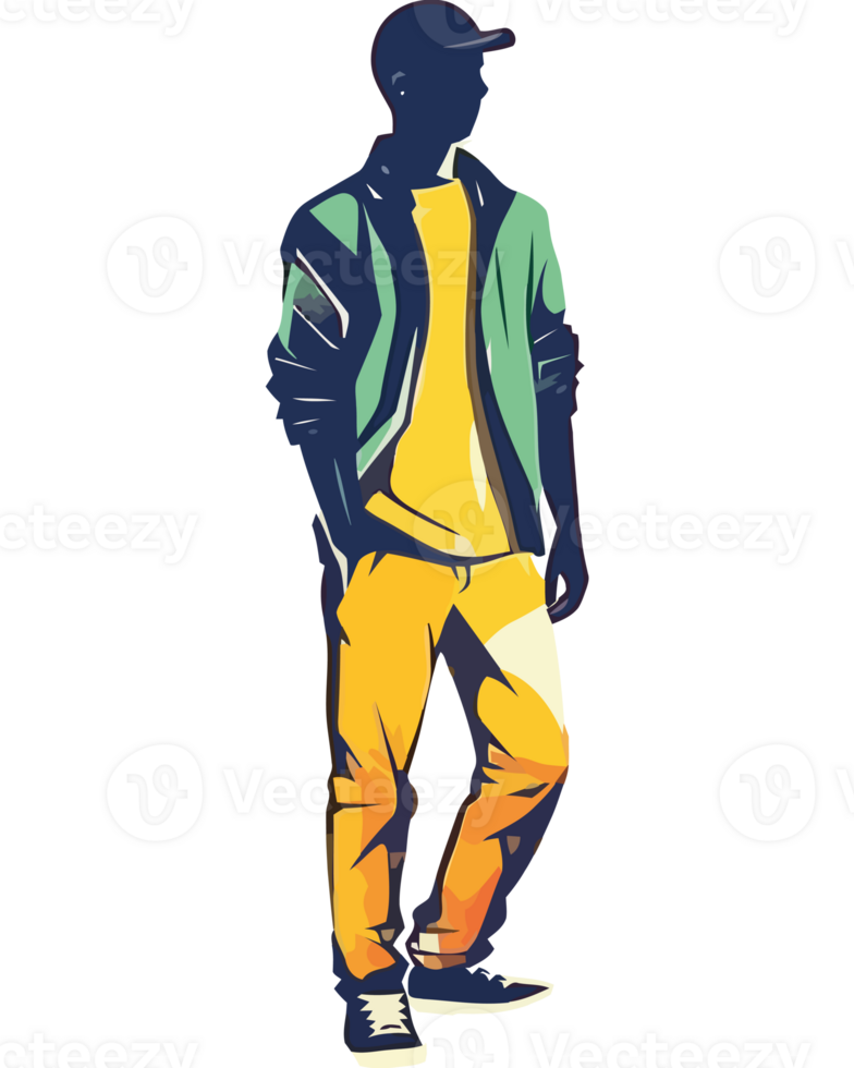 A man in a jacket and pants standing in front of a black background png