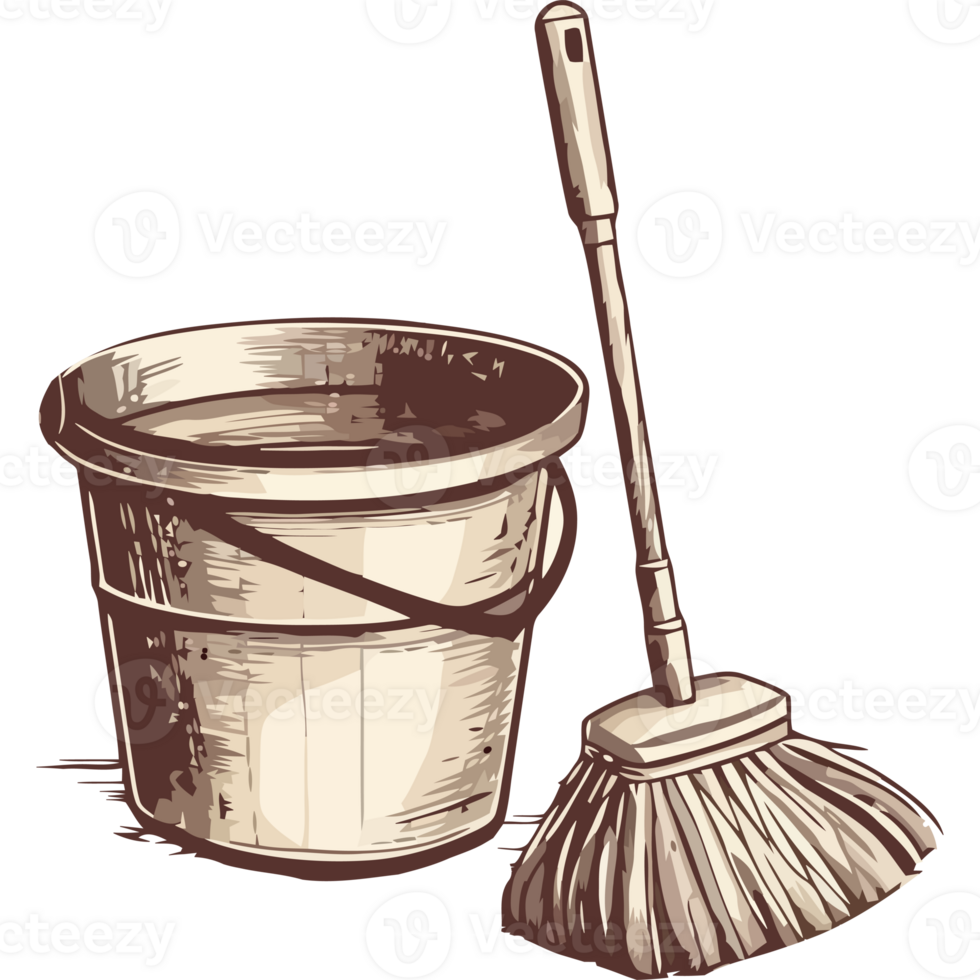 A bucket and broom are shown on a black background png