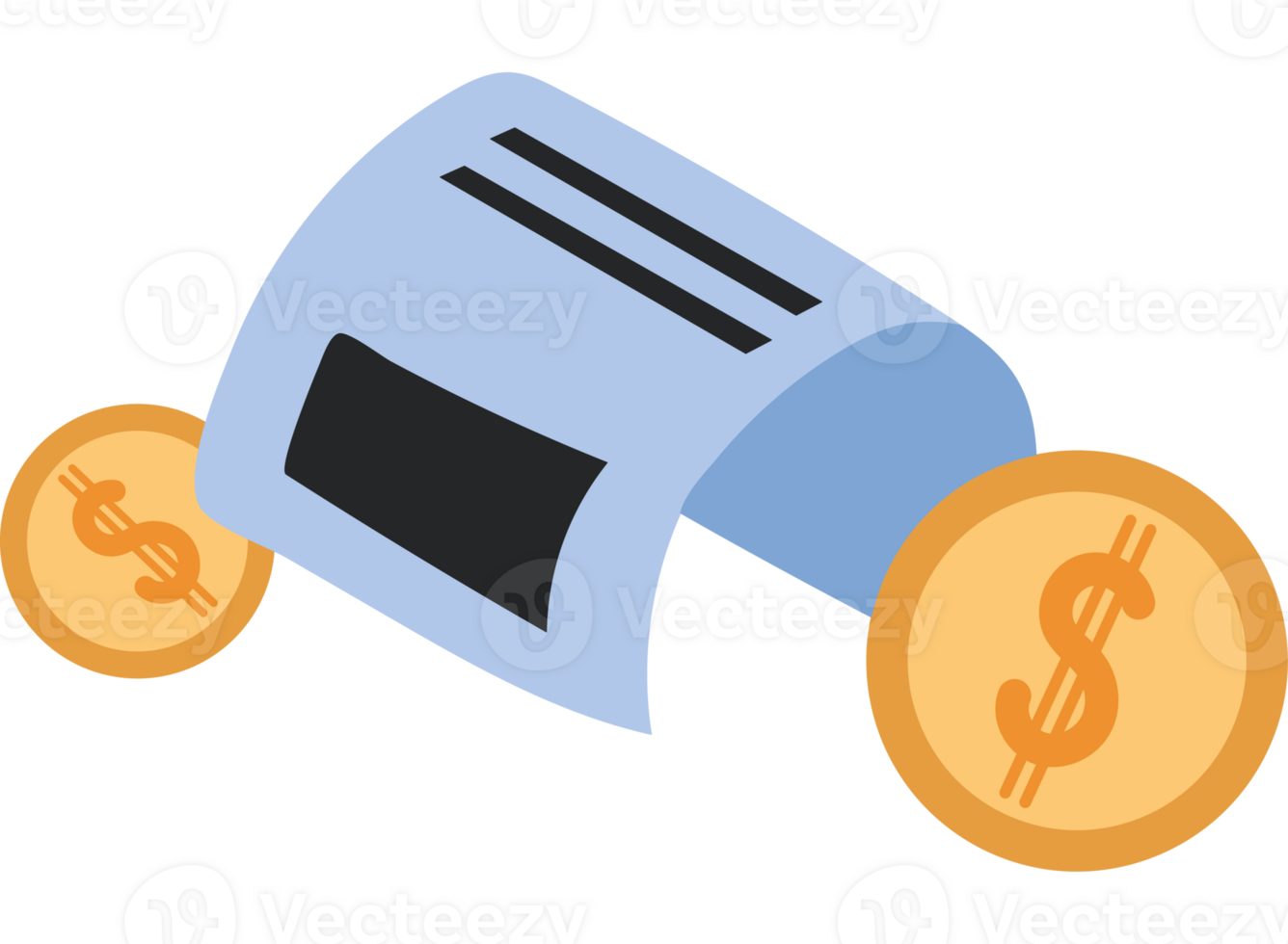 A receipt and coins are shown on a black background png
