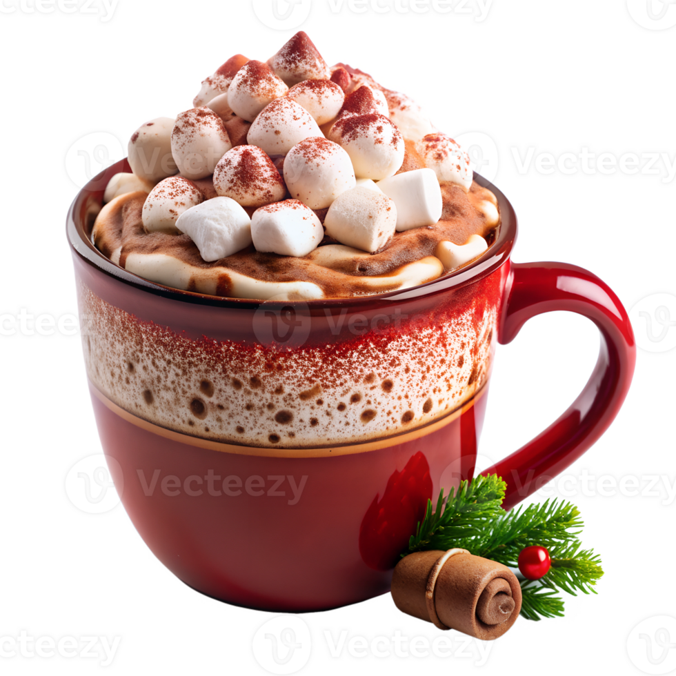 cup of hot chocolate topped with whipped cream, cocoa powder and marshmallows in Christmas cup isolated white background png