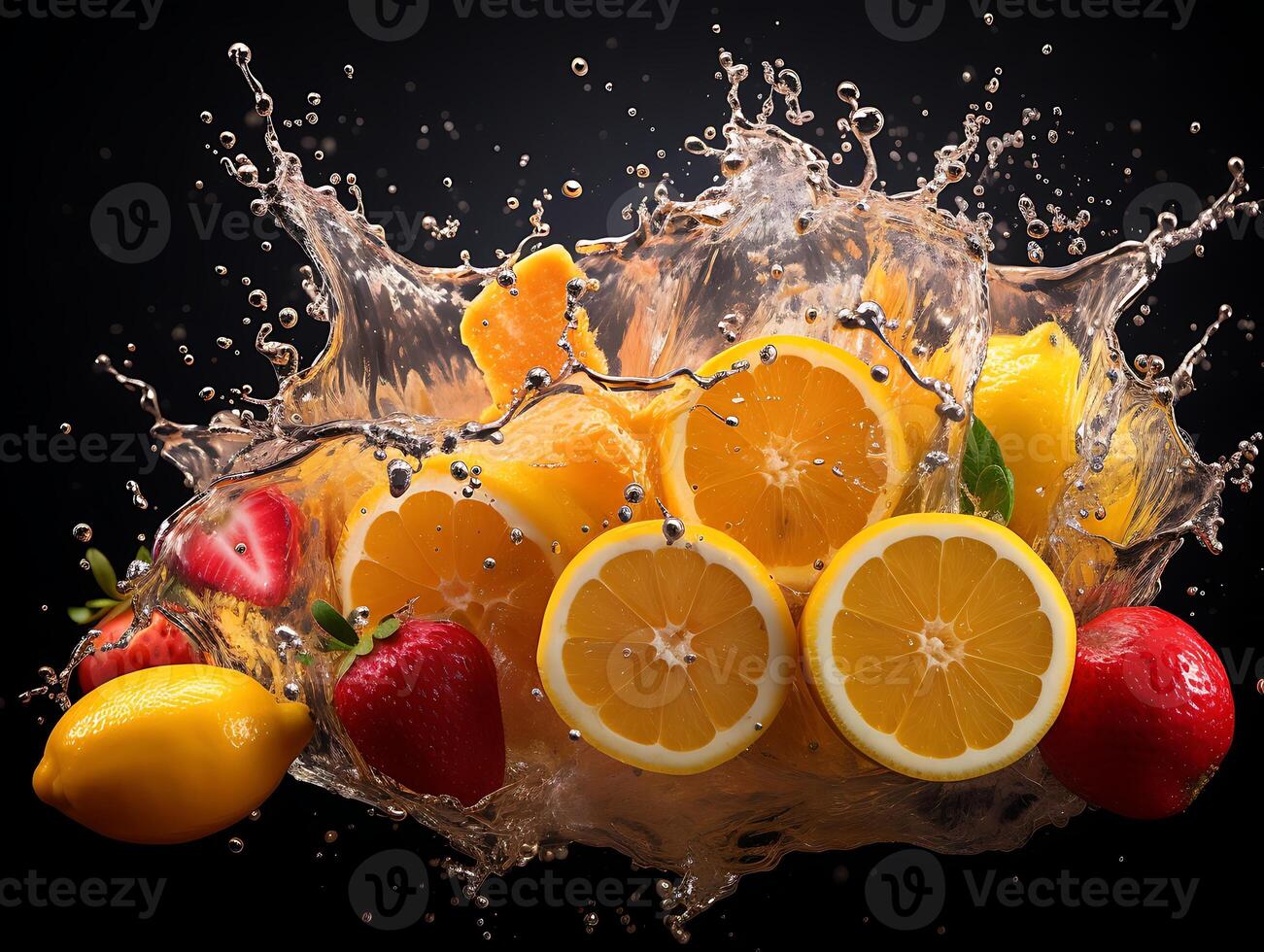 Fruit juice splashing out of a glass with fruits and berries photo