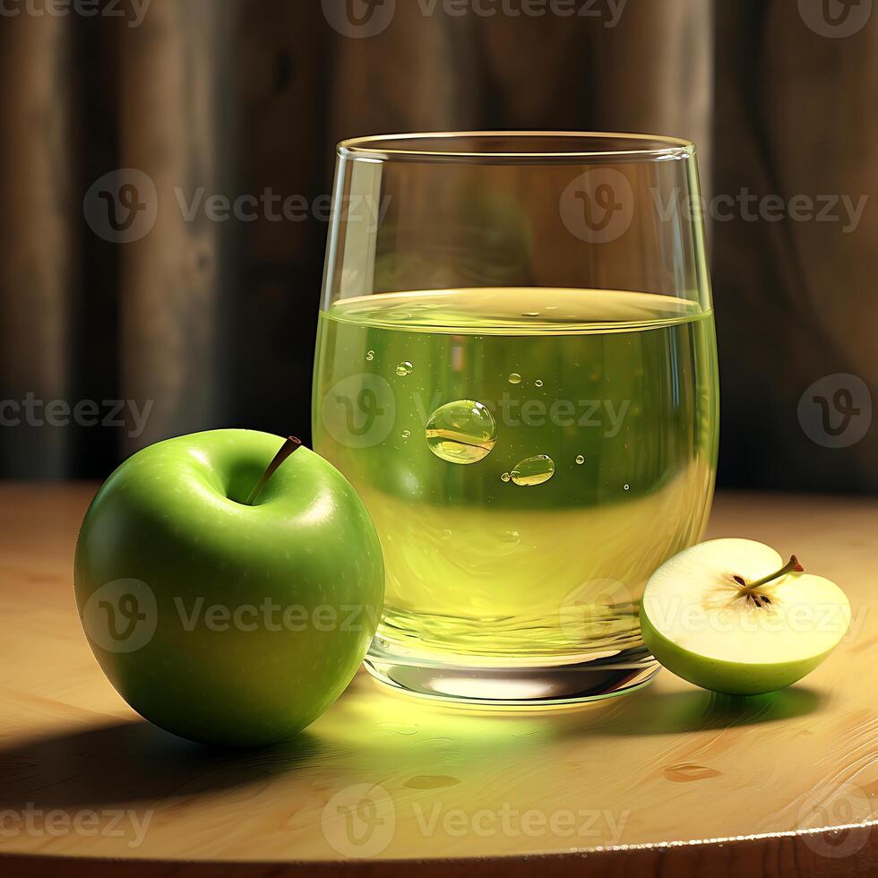 Green apple splashing into a glass of water with splash on green background photo