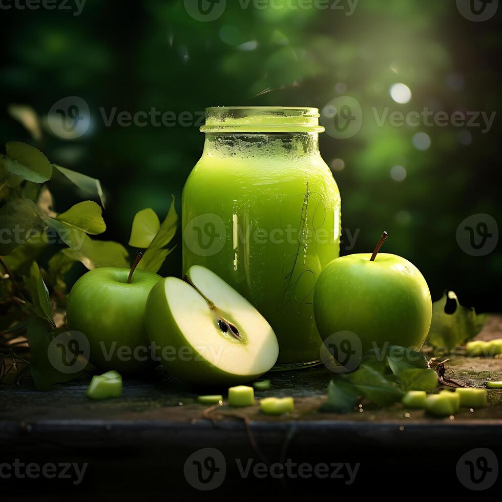 Green apple splashing into a glass of water with splash on green background photo