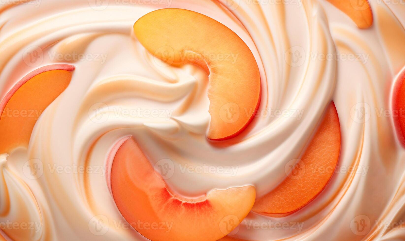 Yogurt with fresh peach slices, top view background photo