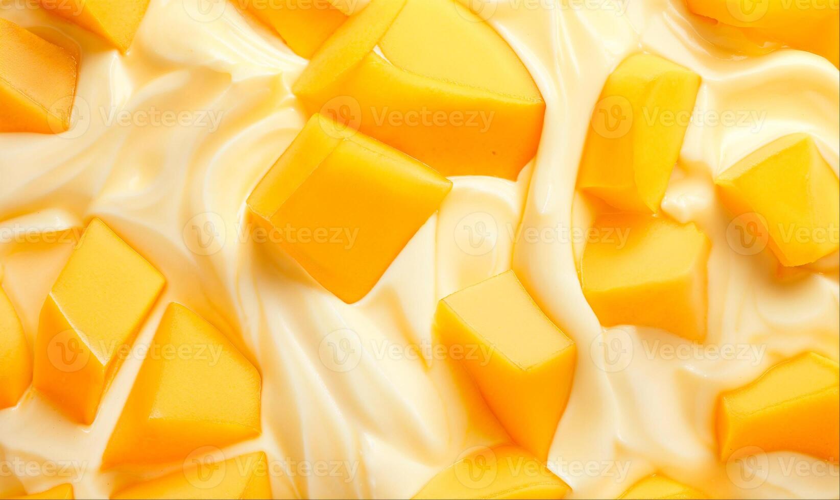 Yogurt with mango cubes, top view background photo