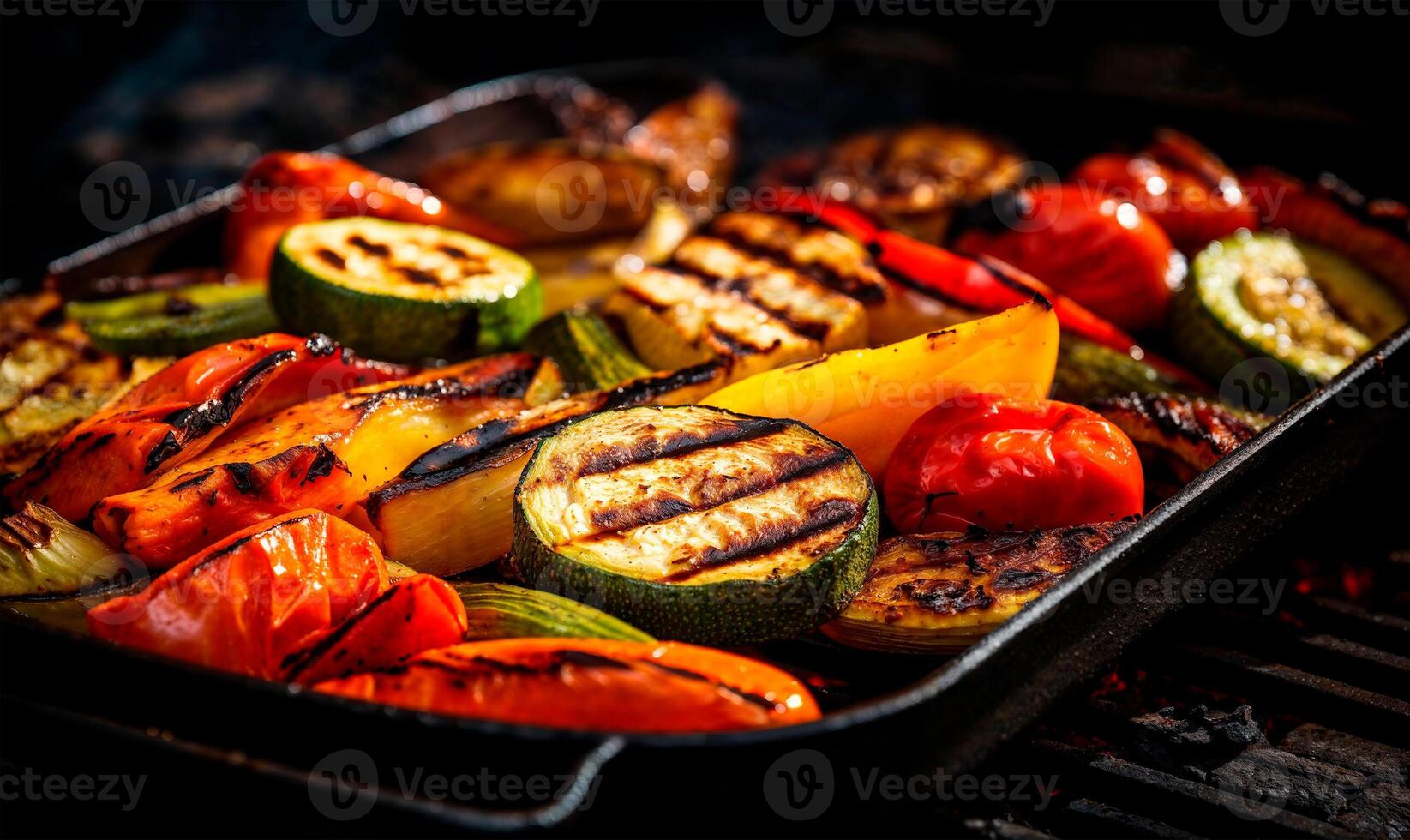 Grilled vegetables on black background with copy space photo