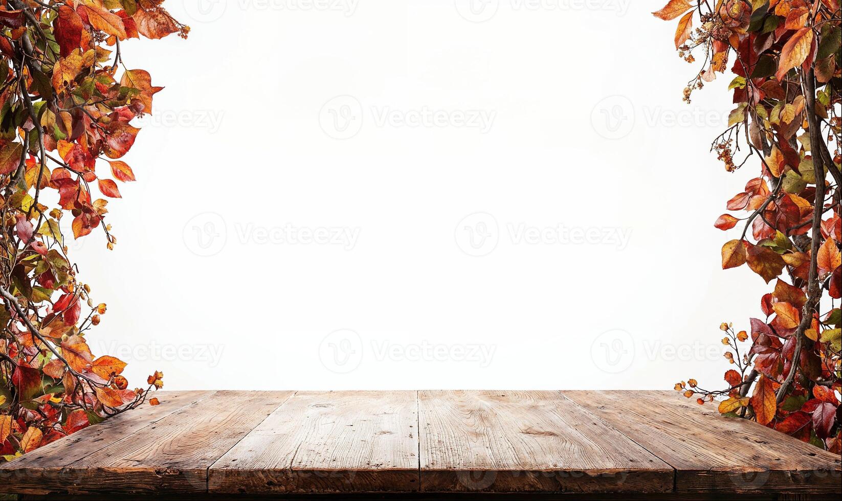 Autumn background concept, empty rustic wooden table with tree branches, isolated on white background photo