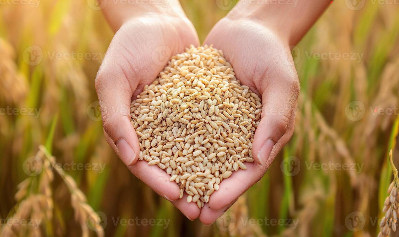 Close up of woman's hands holding rice grains with copy space, rice field background photo