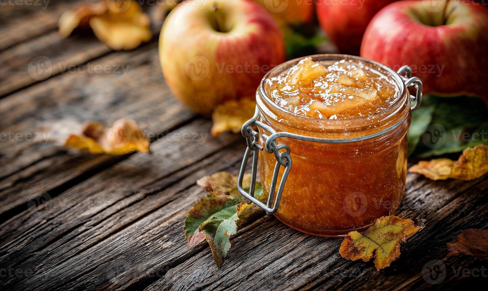 Apple jam in glass jar, rustic wooden background with copy space photo