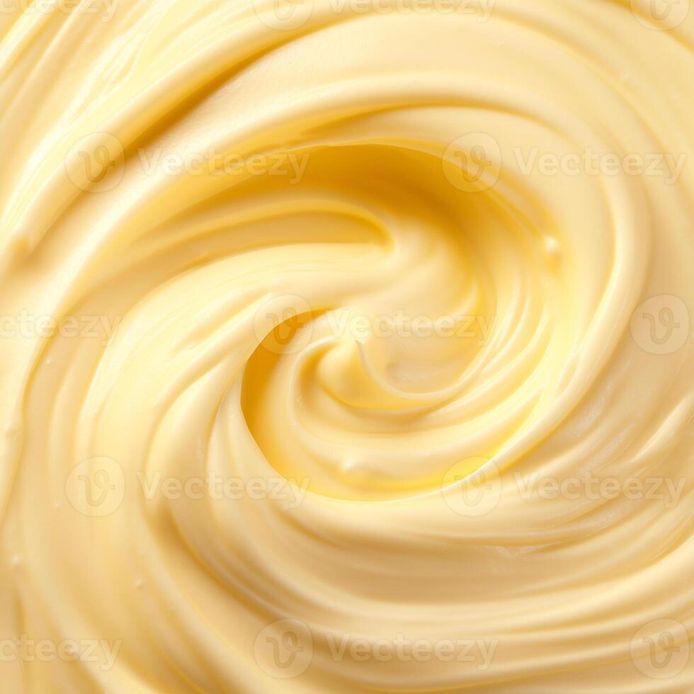 Banana yogurt swirl close up, fruit cream texture, top view background photo