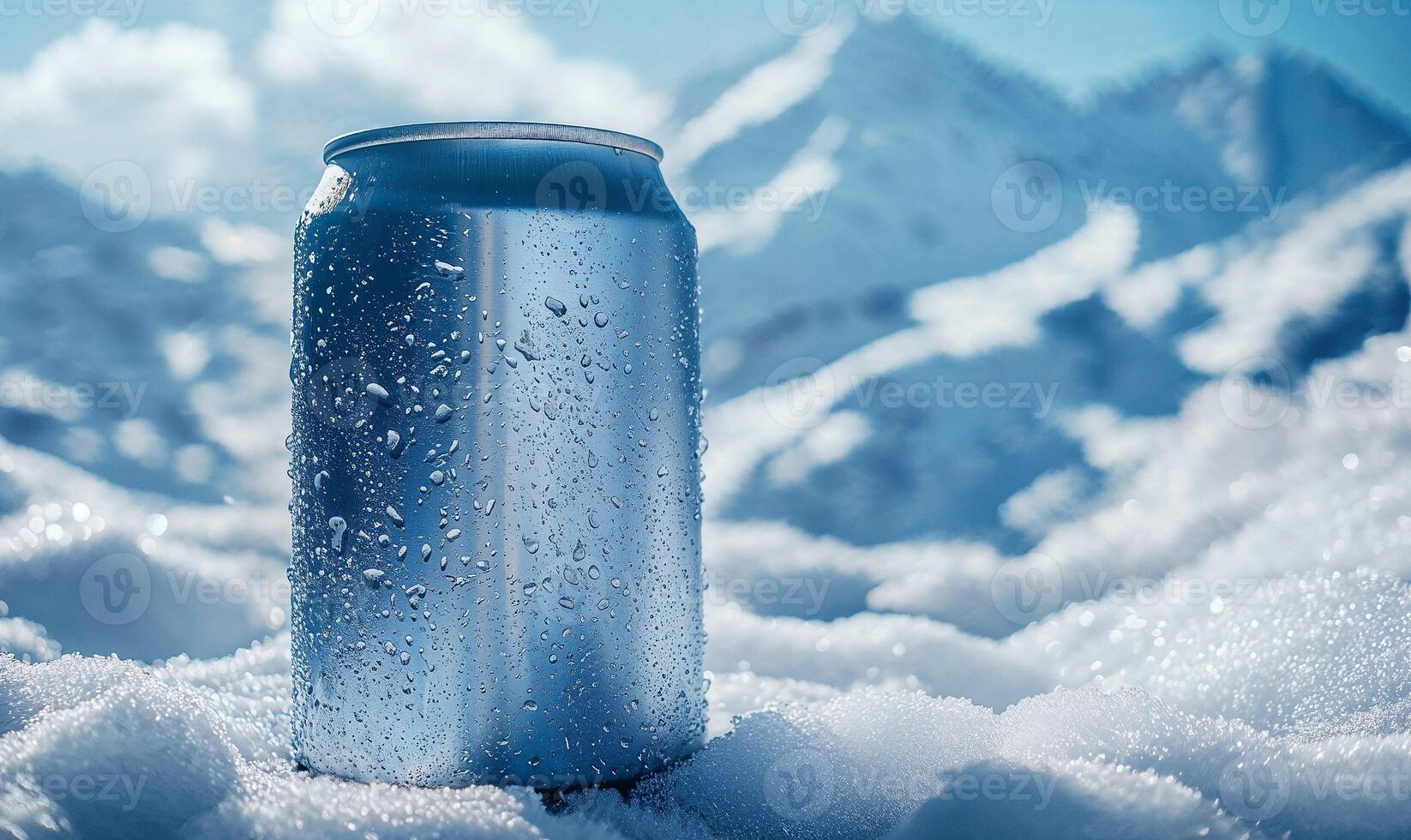 Blank aluminum can in snowdrift, cold winter background with copy space photo
