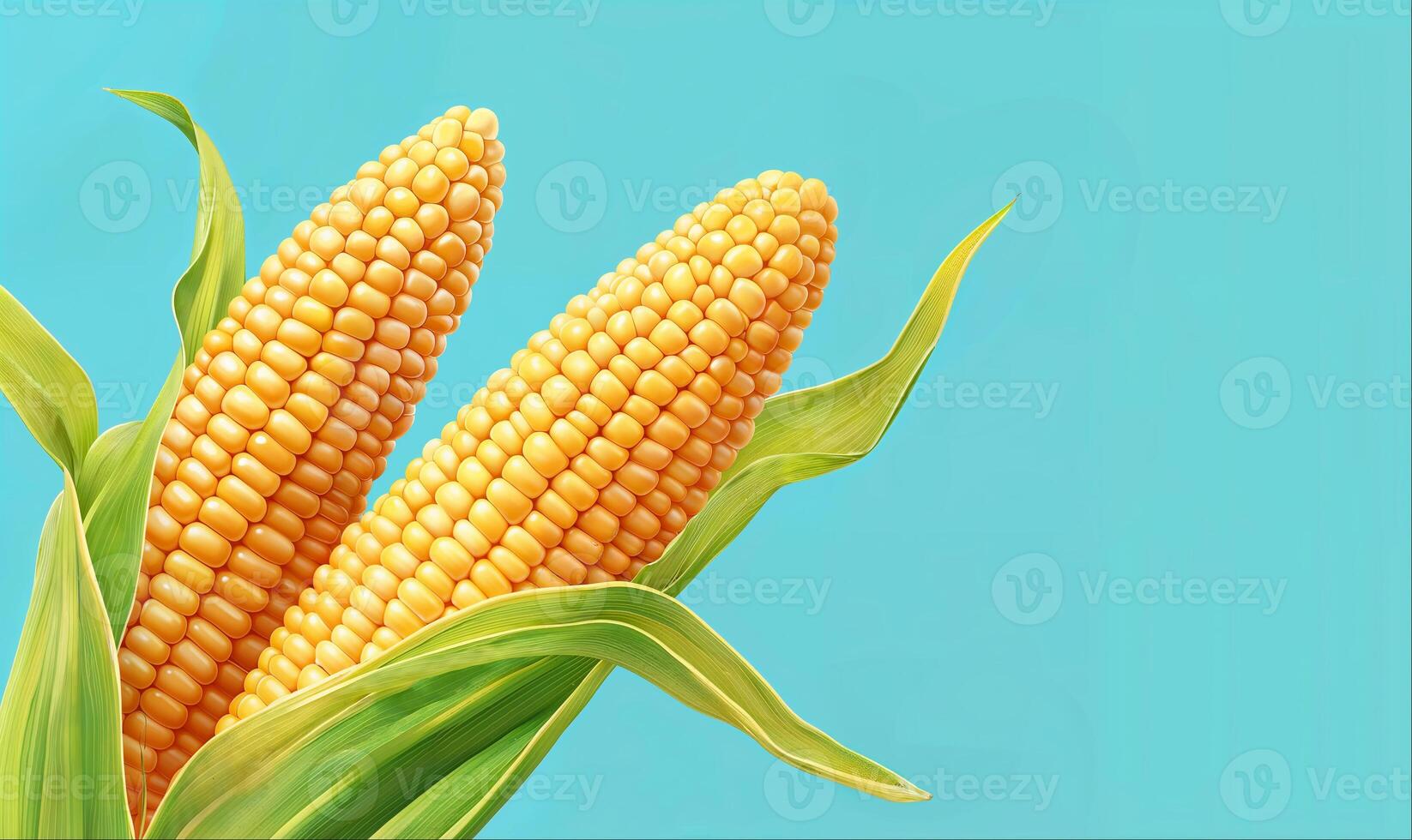 Two corn cobs close up, blue background with copy space photo