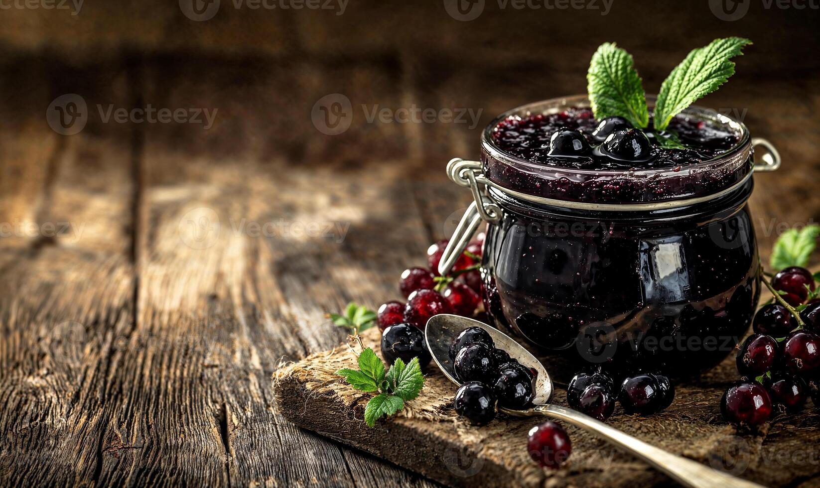 Black currant jam in glass jar, rustic wooden background with copy space photo