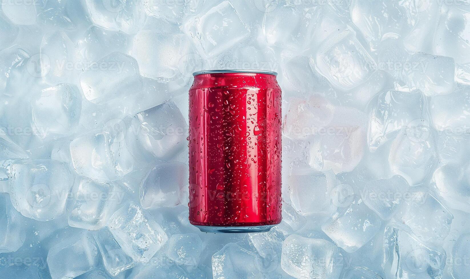 Blank red aluminum can, crushed ice background with copy space photo