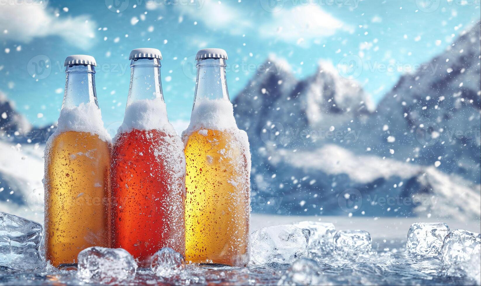 Different types of beer bottles on ice, snowy mountains background with copy space photo