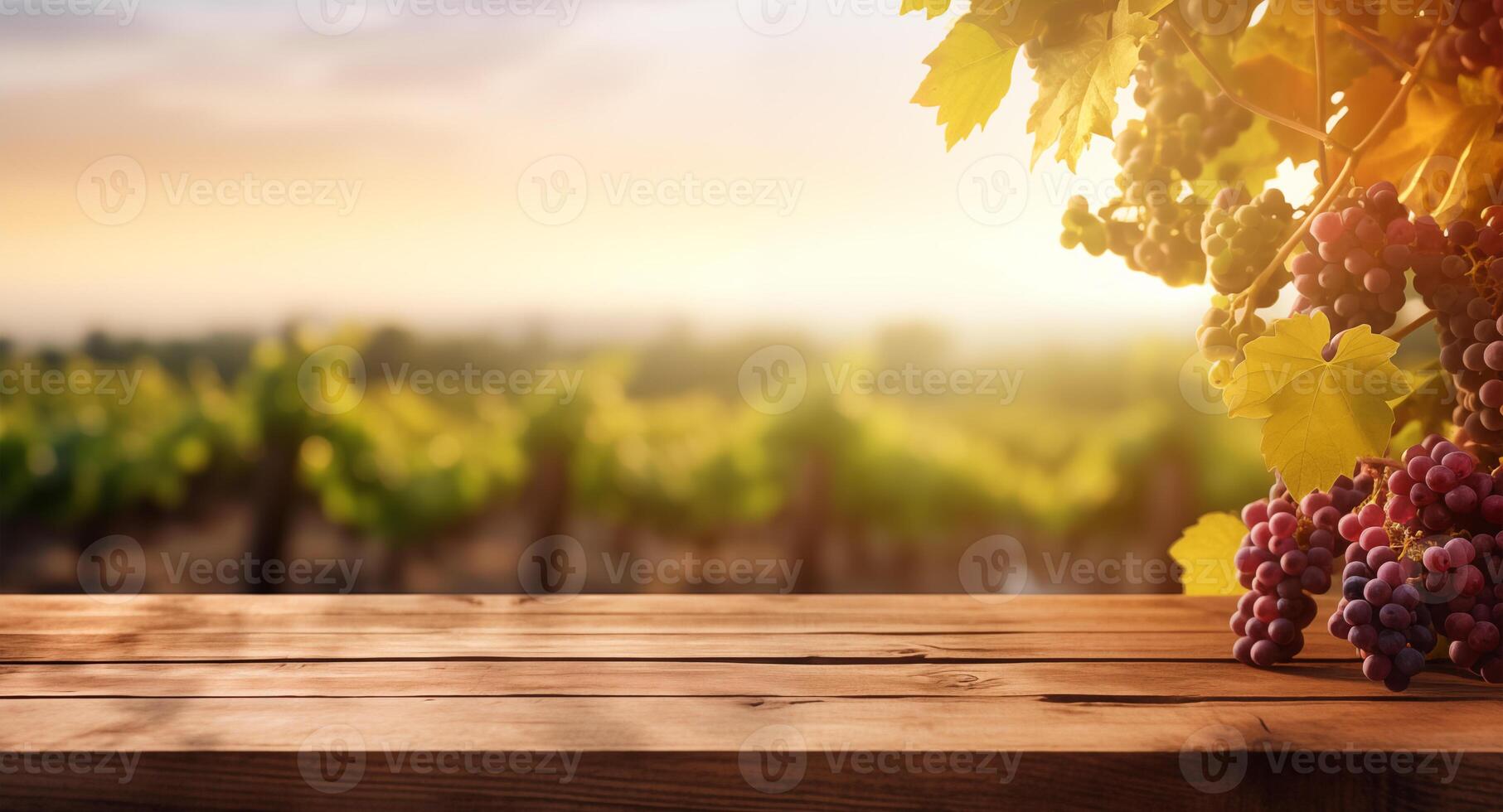 Empty wooden table, sunny vineyard background with copy space photo