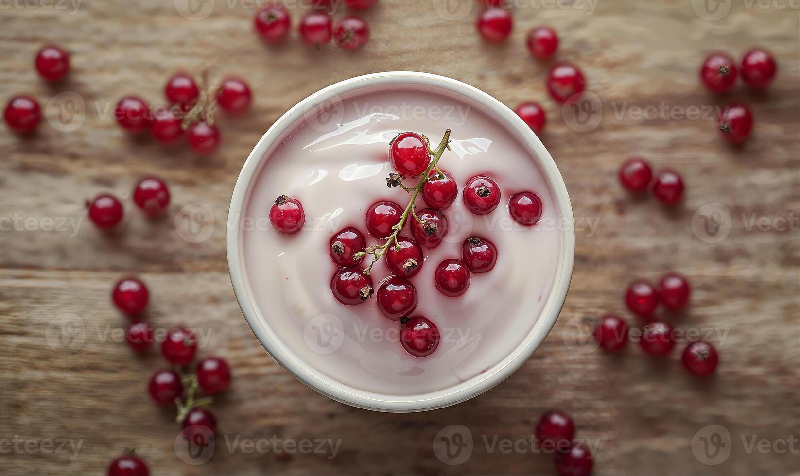 Yogurt with red currant berries on wooden table with copy space, top view photo