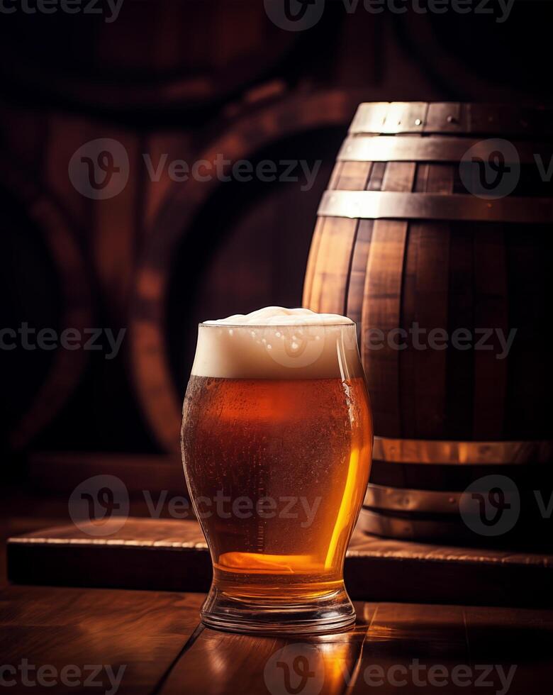Beer glass and barrel on dark wooden table, black background photo