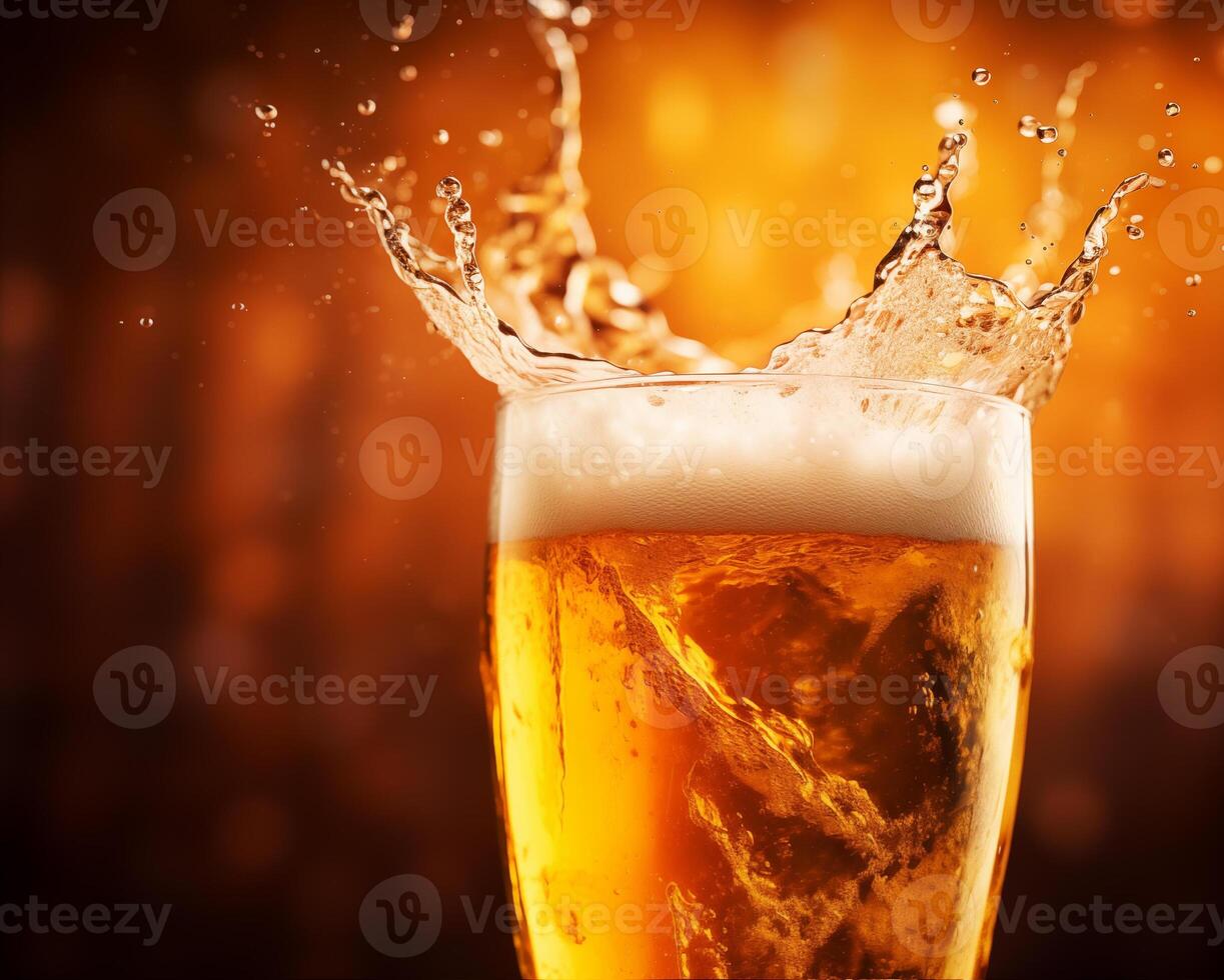 Beer glass with splash on dark background with copy space photo