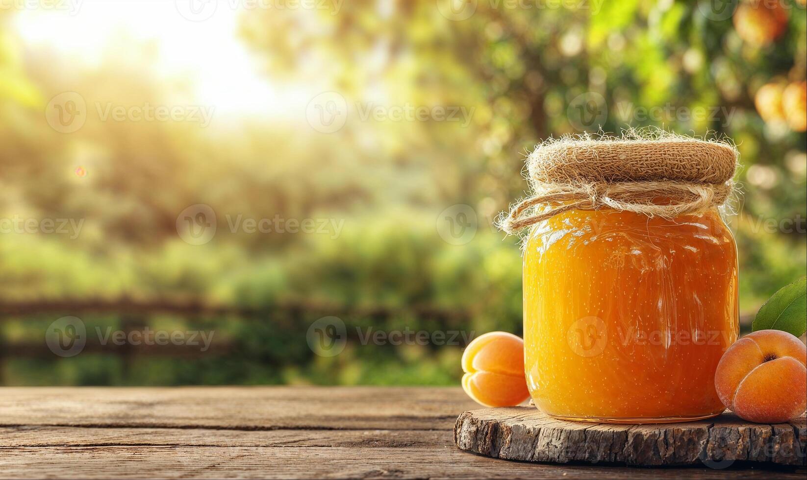 Apricot jam in jar, fruit orchard background with copy space photo