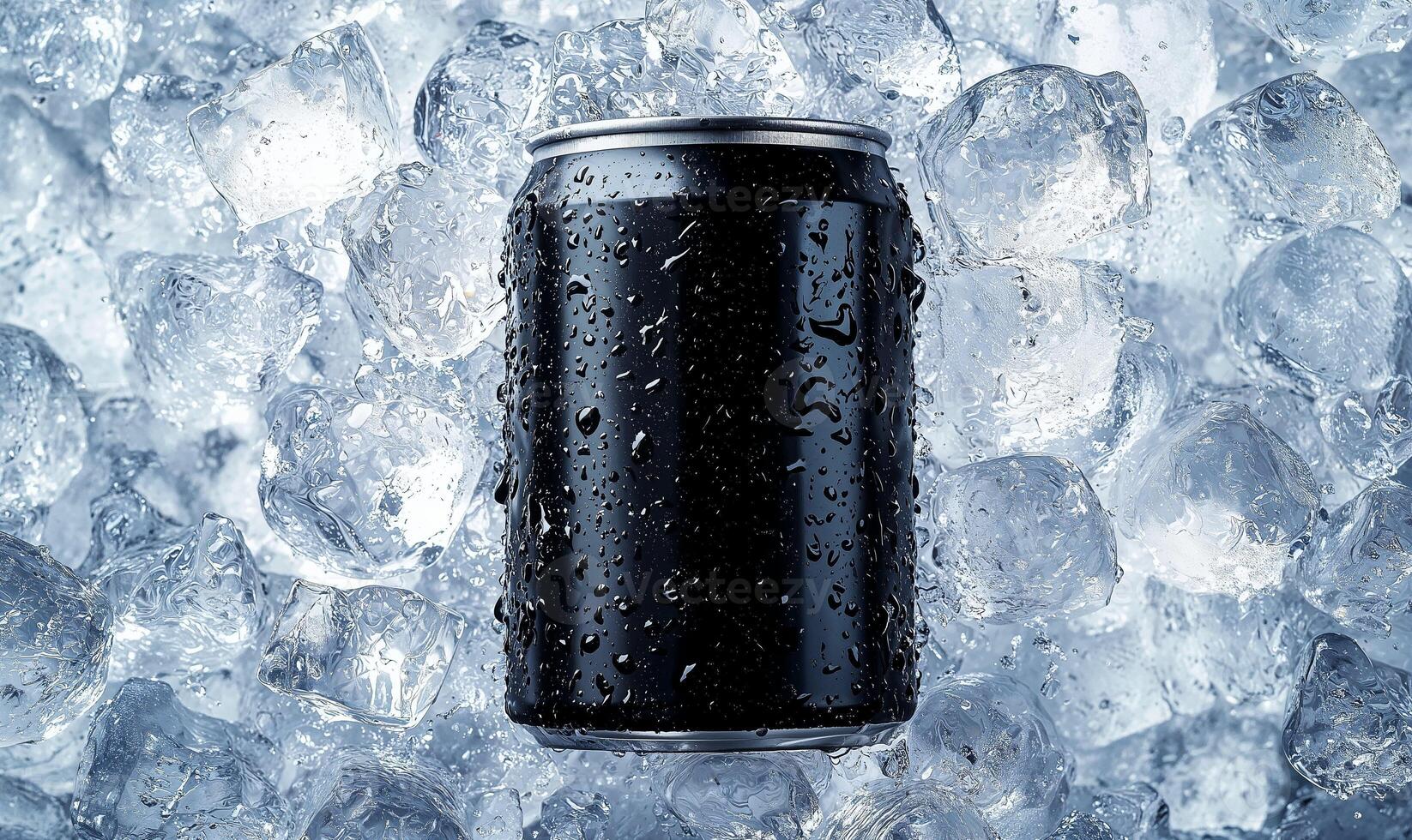 Blank black aluminum can, crushed ice background with copy space photo