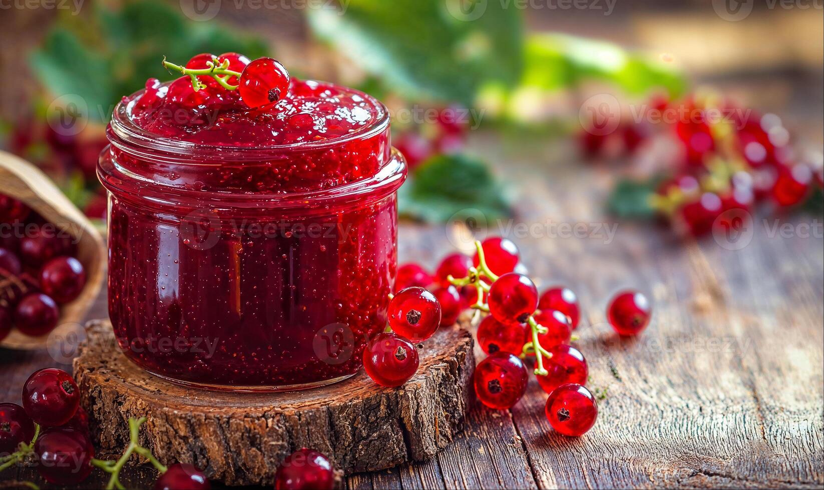 Red currant jam in glass jar, rustic wooden background with copy space photo