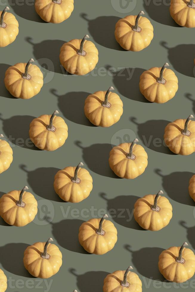 Orange pumpkin pattern on green background. Moderm vertical backdrop for fall, thanksgiving day photo