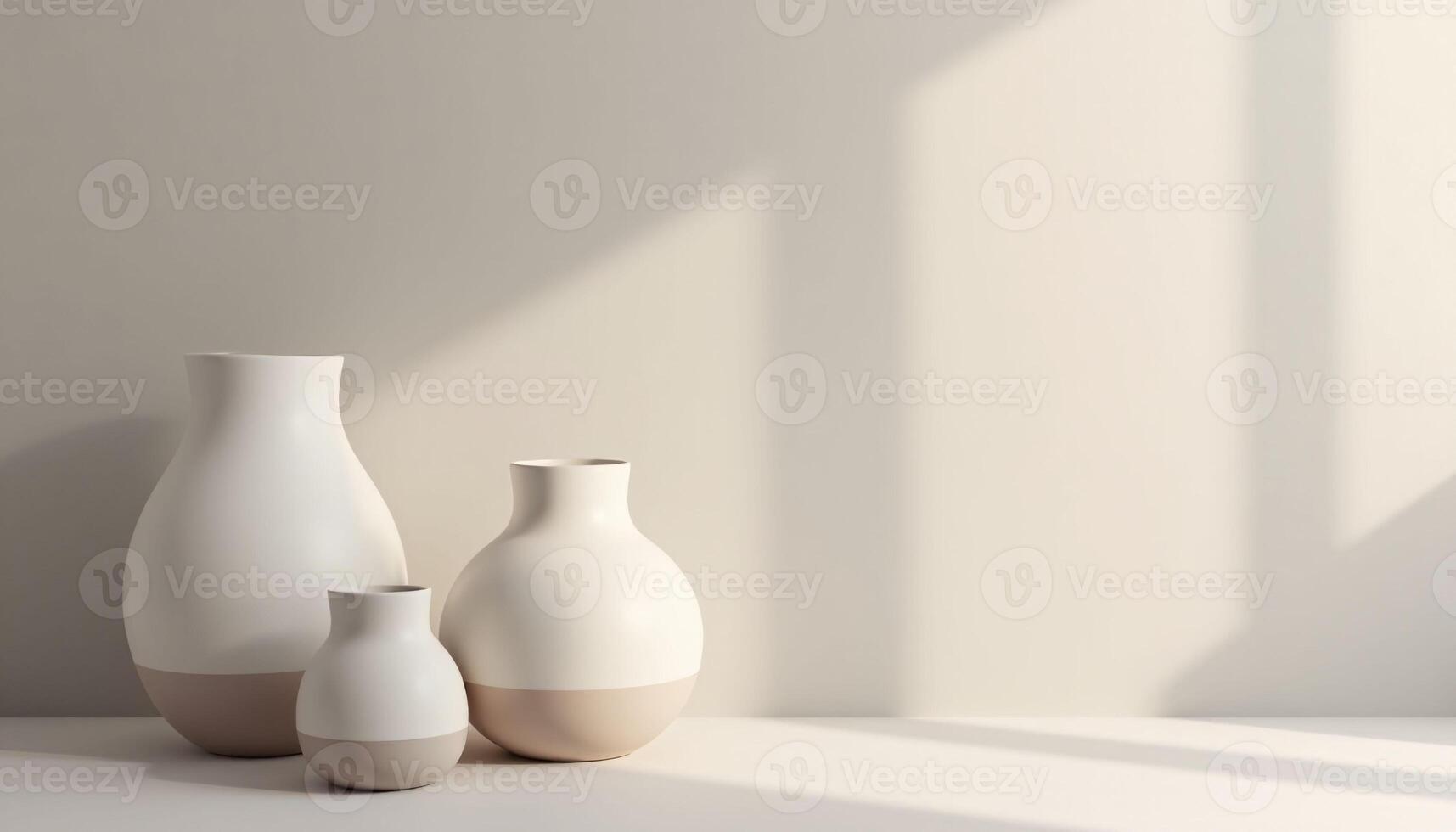 Three cream and white vases are arranged on a table. photo