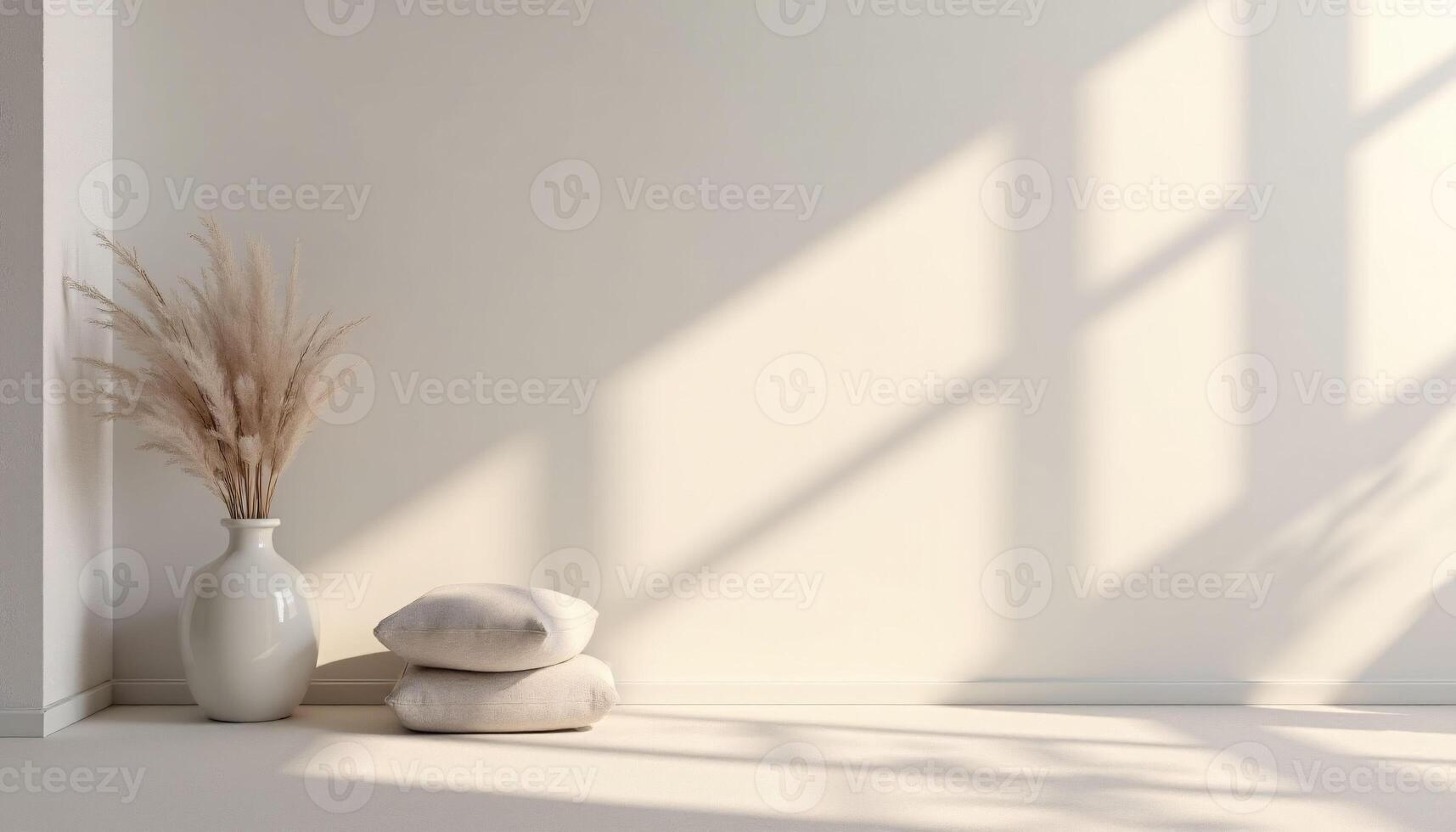 A depiction of a room's corner adorned with pillows and a vase. photo
