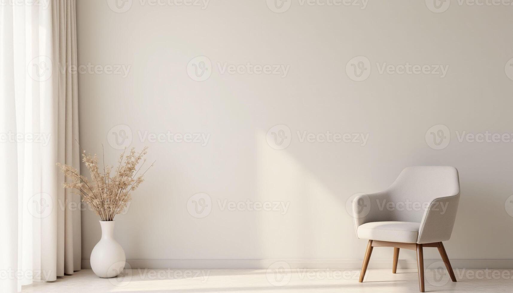 A minimalist white living room with bare white walls. photo