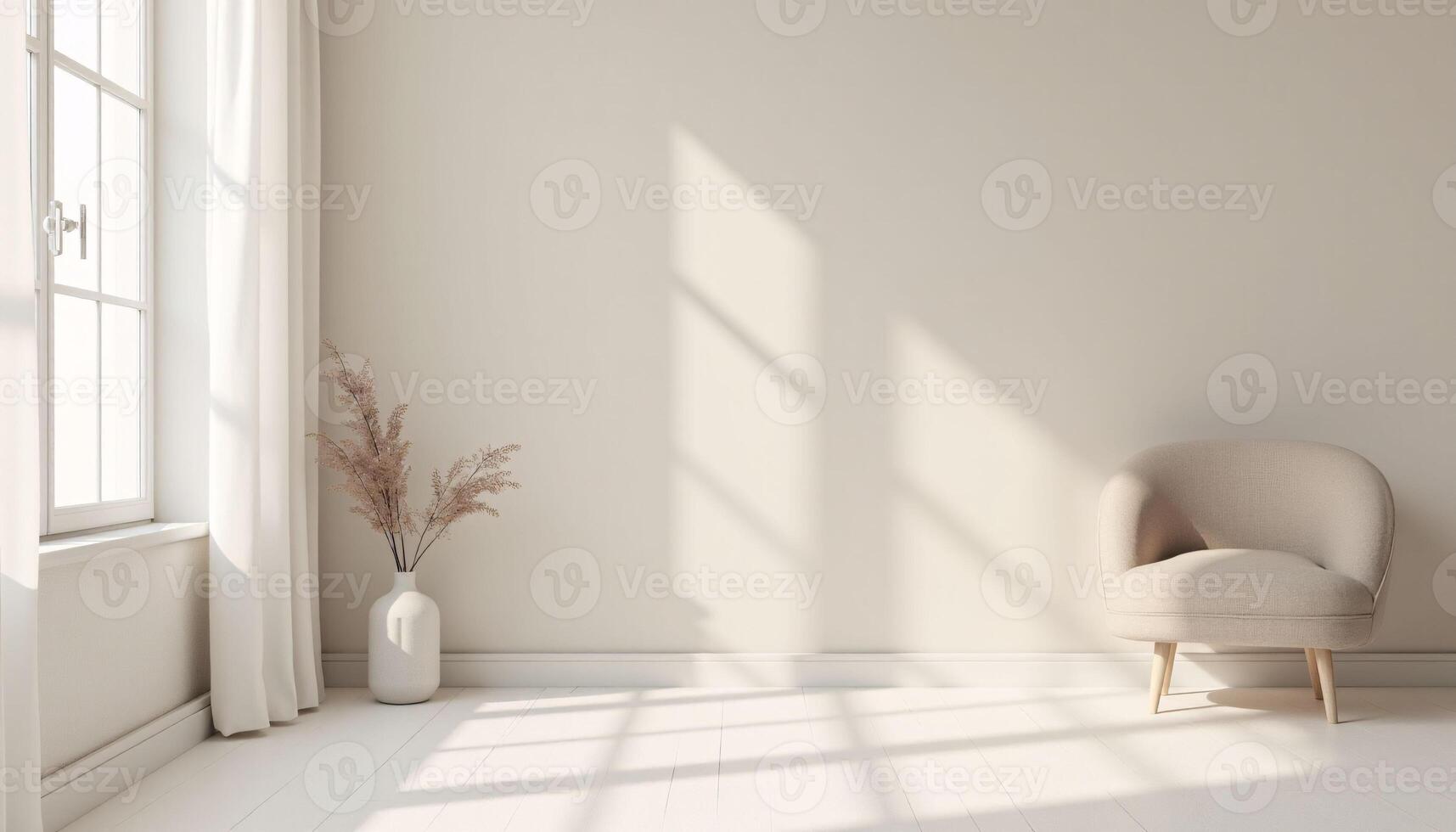 In the corner of the room, there is a white vase with a plant. photo