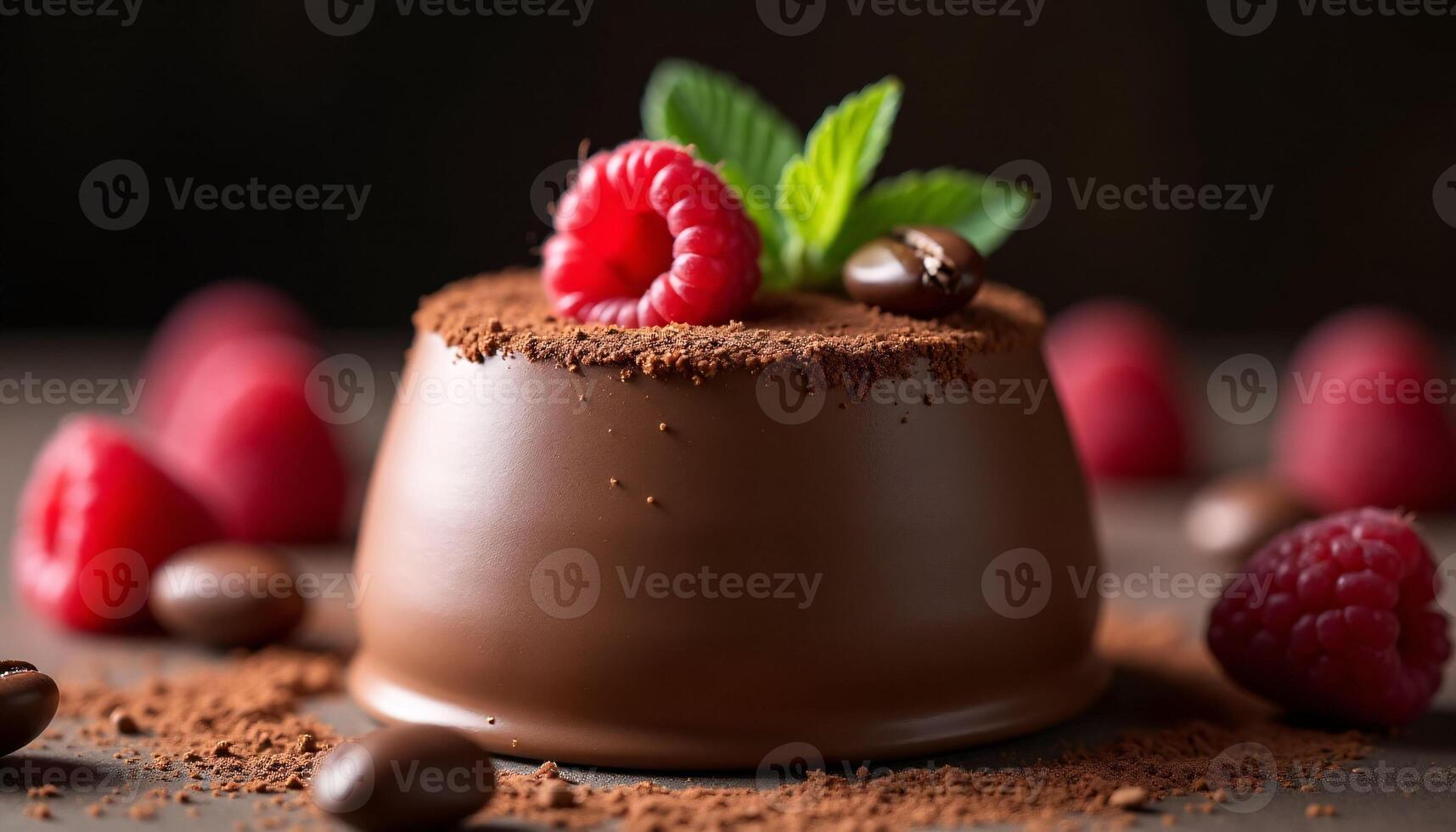 chocolate cake with raspberries and coffee on the side photo