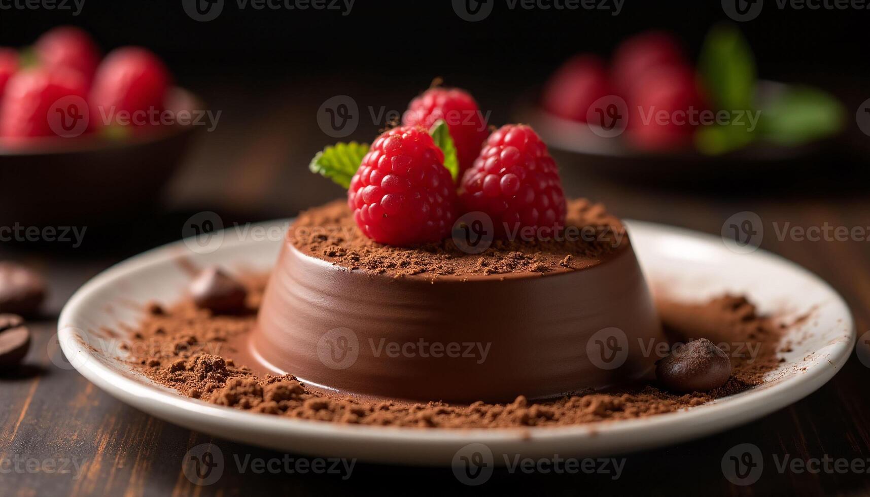 chocolate cake with raspberries and coffee on the side photo