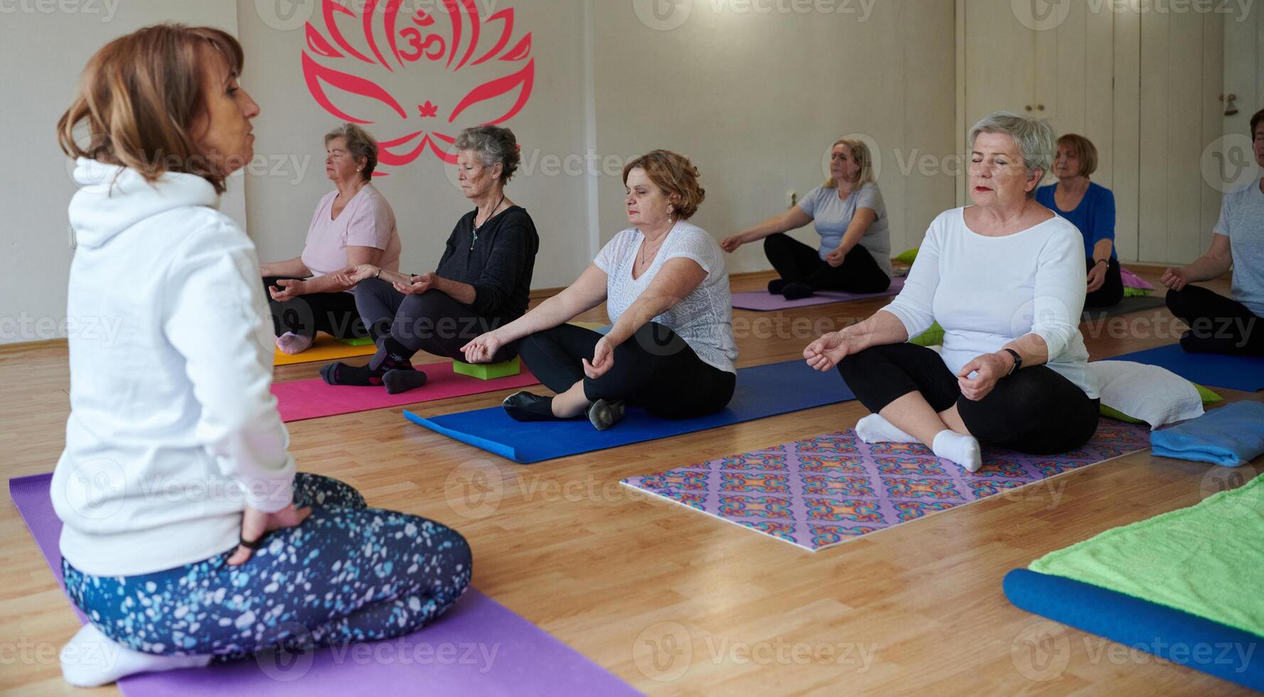 A group of senior women engage in various yoga exercises, including neck, back, and leg stretches, under the guidance of a trainer in a sunlit space, promoting well-being and harmony photo