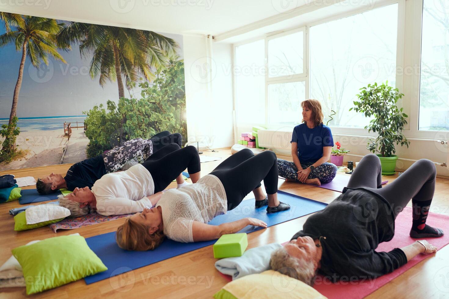A group of senior women engage in various yoga exercises, including neck, back, and leg stretches, under the guidance of a trainer in a sunlit space, promoting well-being and harmony photo