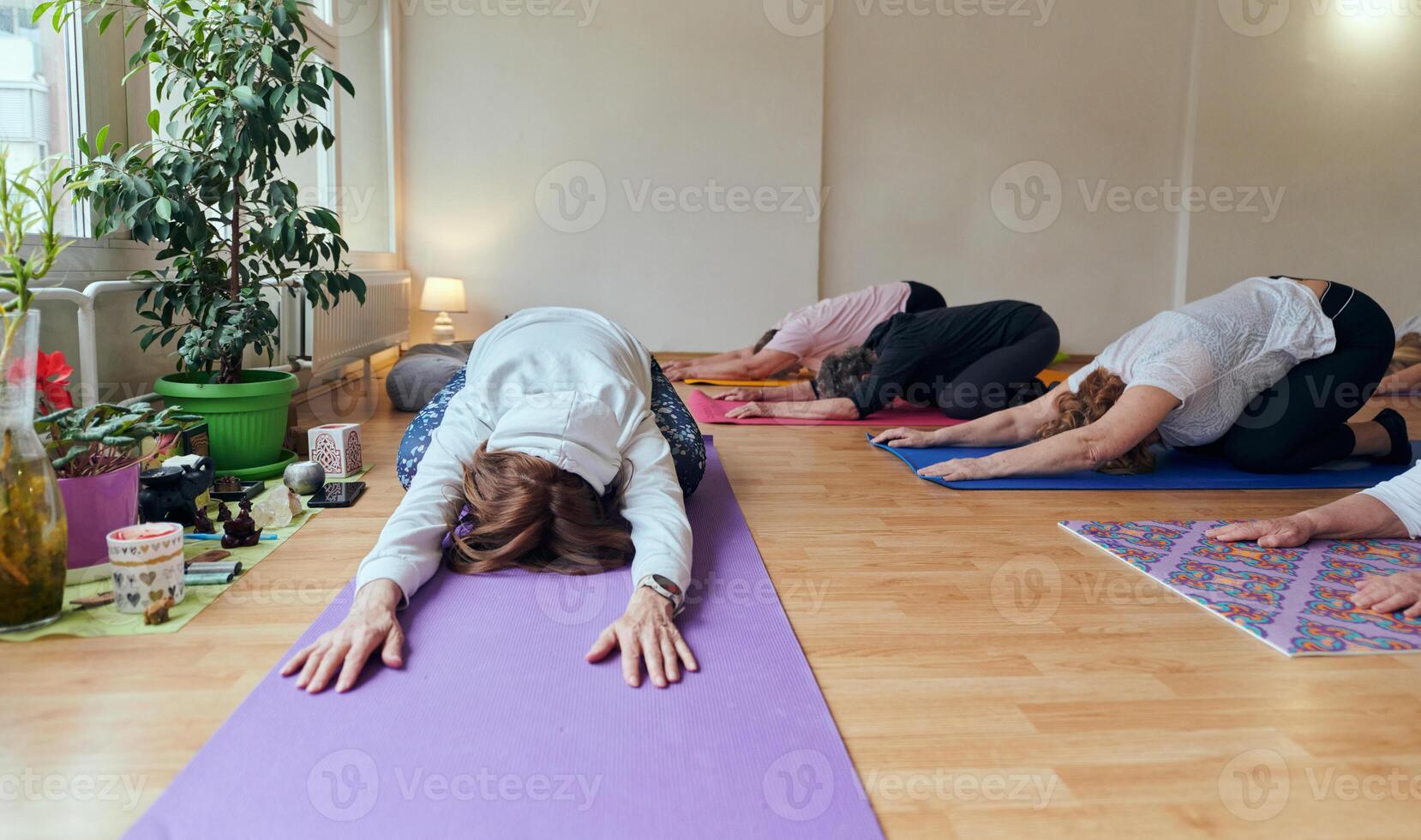 A group of senior women engage in various yoga exercises, including neck, back, and leg stretches, under the guidance of a trainer in a sunlit space, promoting well-being and harmony photo