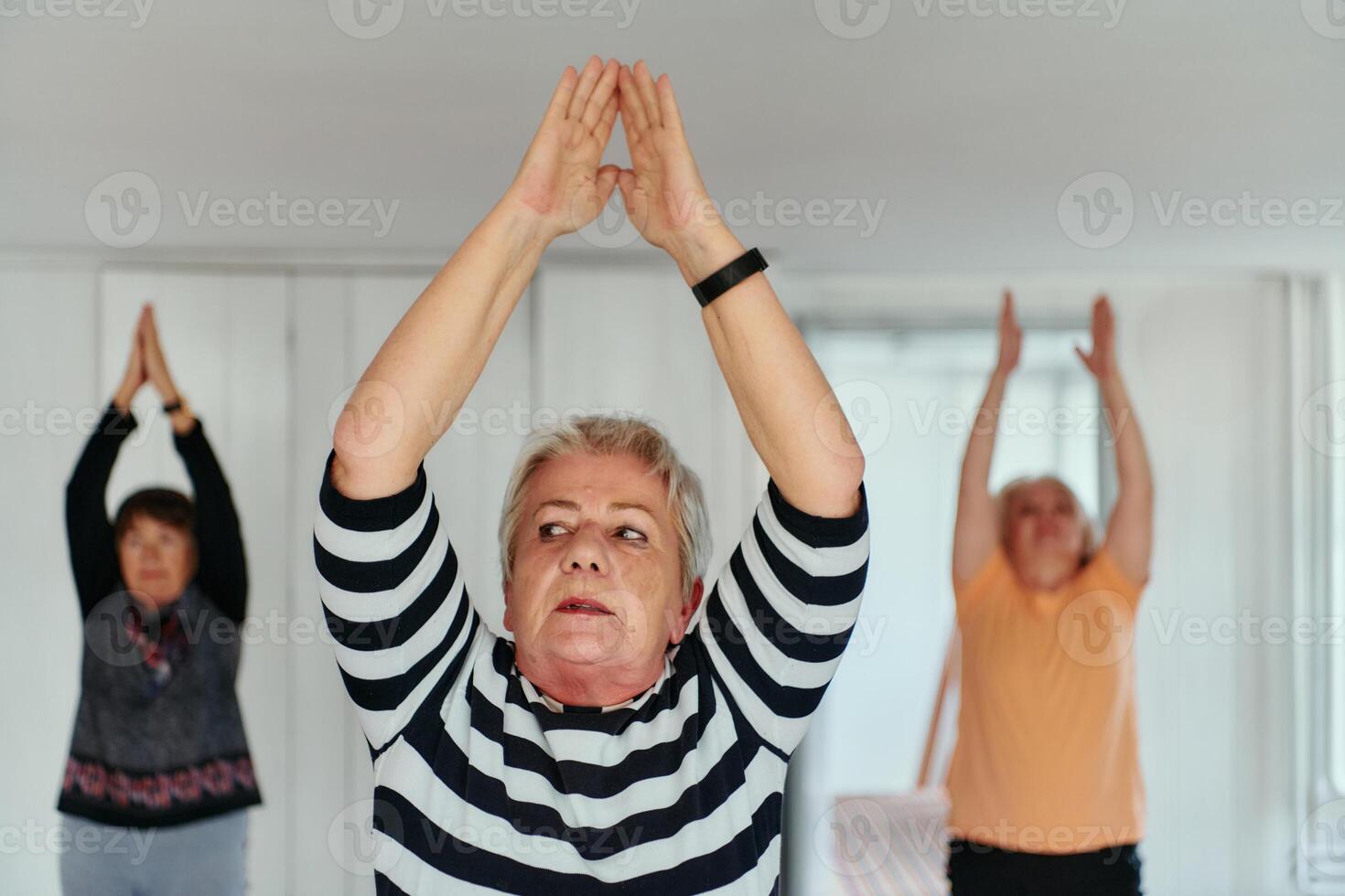 Senior Women Embrace Wellness. Yoga and Stretching in a Sunlit Space photo