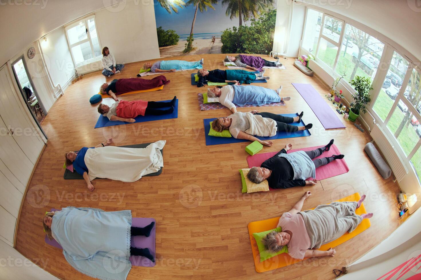 A group of senior women engage in various yoga exercises, including neck, back, and leg stretches, under the guidance of a trainer in a sunlit space, promoting well-being and harmony photo