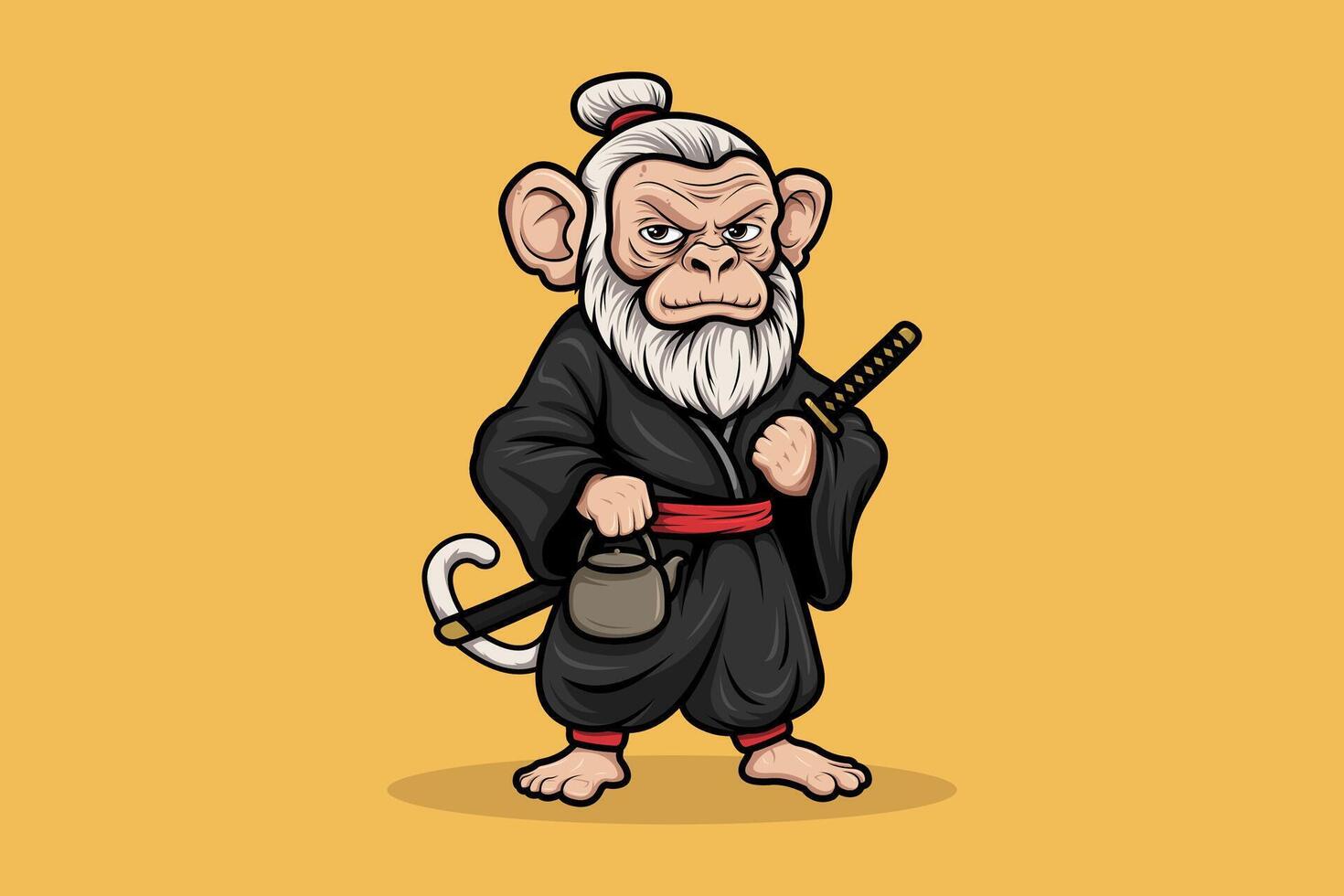 Old Monkey Samurai With Katana Cartoon Character Mascot vector