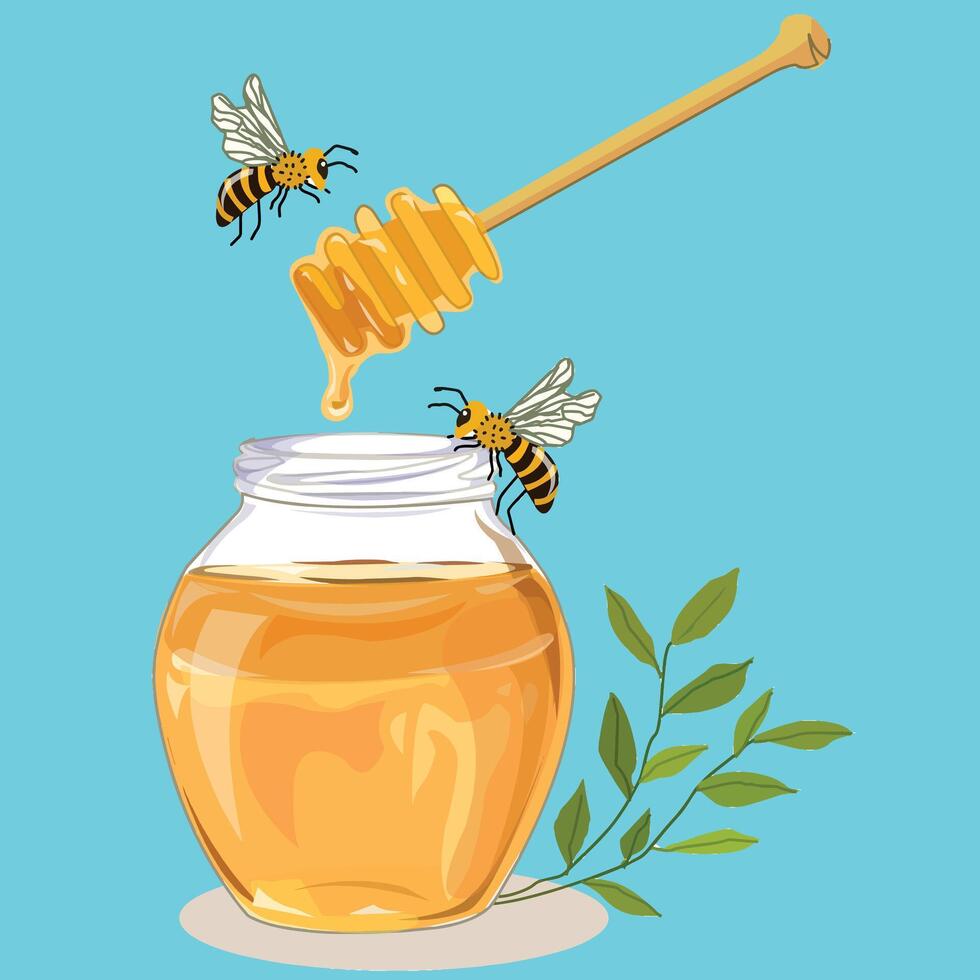 Honey Pot With Honey Bees vector
