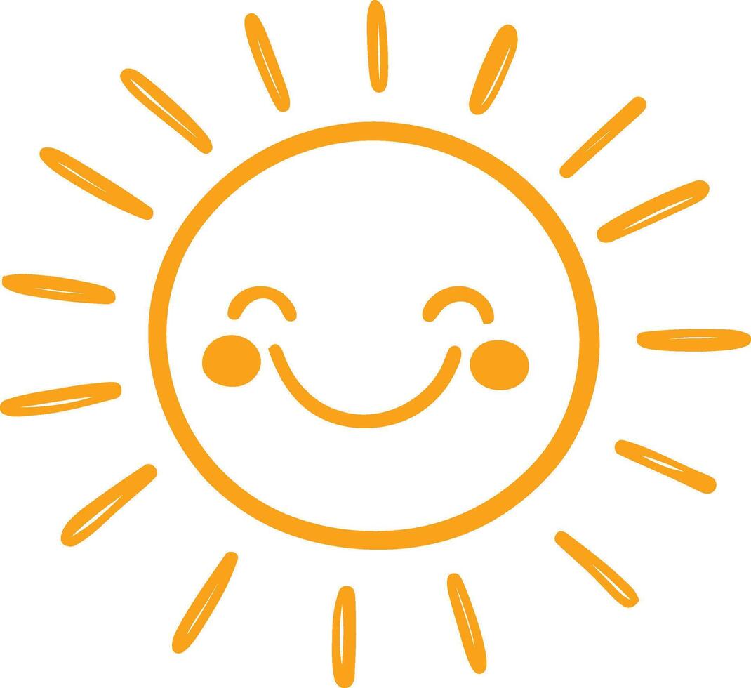hand drawn sun icon with happy face in doodle style isolated on transparent background vector