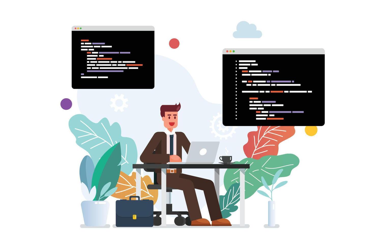 Male programmer writing code on laptop vector