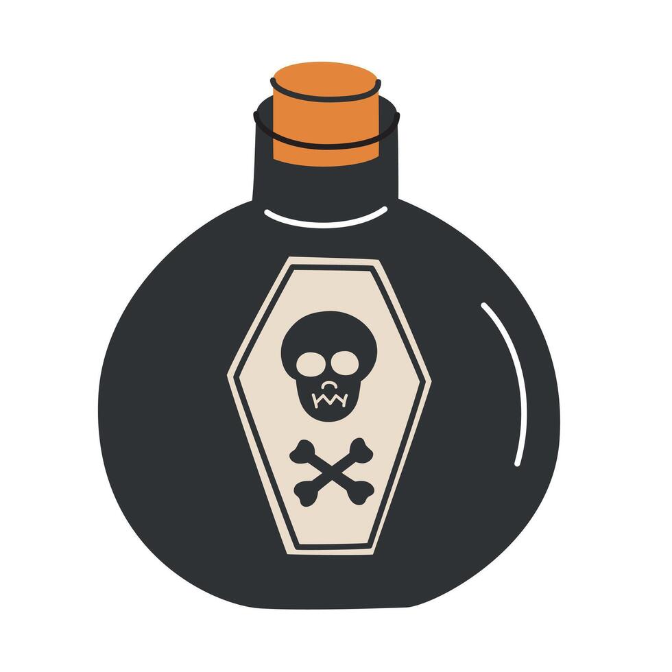 illustration of Halloween poison bottle with skull and crossbones label, sense of danger and mystery. Flat, cartoon style with spooky and festive atmosphere, perfect for Halloween designs vector